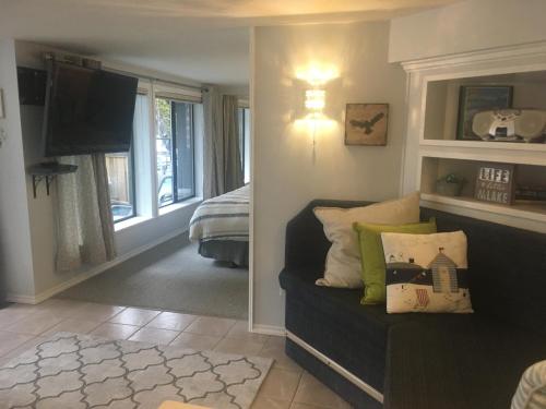 ein Wohnzimmer mit einem Sofa und einem TV in der Unterkunft Long Lake Waterfront Bed and Breakfast in Nanaimo