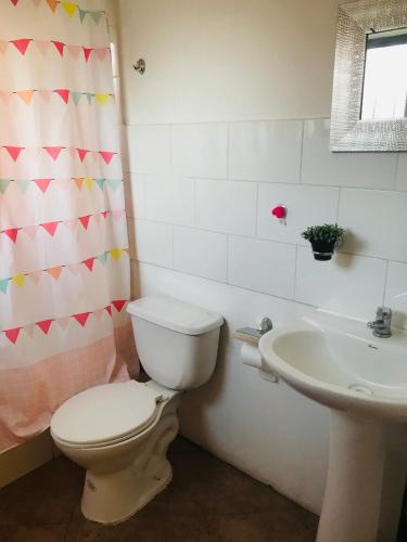 a bathroom with a toilet and a sink at Cabañas Del Maule I in Talca