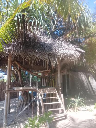 a thatch roofed hut with a staircase in front at The Alpha Monkey hotel & Tree house in Tangalle