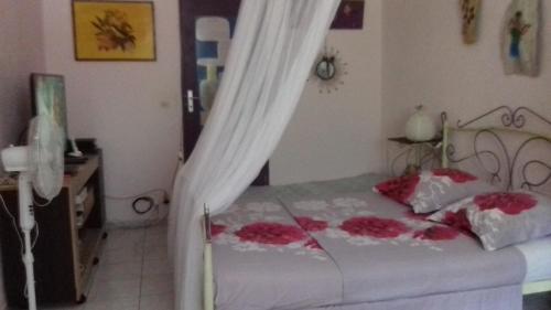 een slaapkamer met een bed met roze bloemen erop bij chez annick et jacques in Vieux Bourg