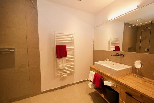 Haus Alpenblick في لاديس: حمام مع حوض ومرآة