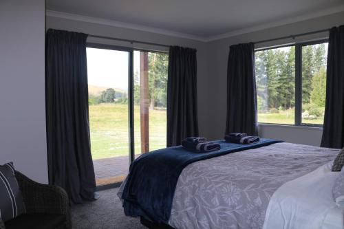 a bedroom with a bed and a large window at Alpine Views Burkes Pass in Burkes Pass