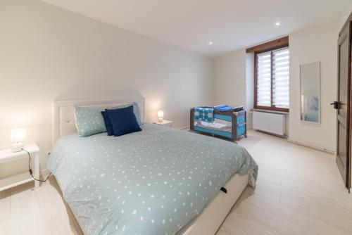 コルマールにあるEM LIFE COLMARの青い枕と窓のあるベッドのある寝室