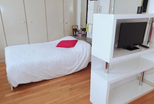 
a bedroom with a bed and a television at Le Zadig in Troyes
