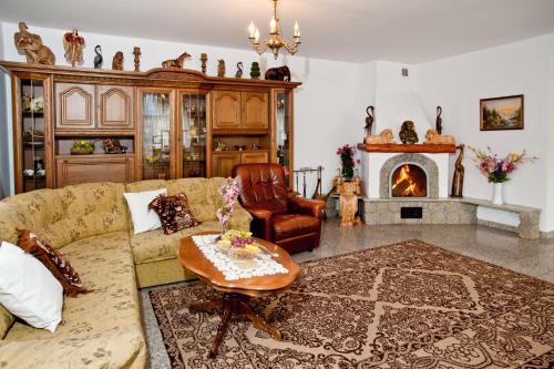 a living room with a couch and a fireplace at Agro Breza - dom z kominkiem 20 metrow od jeziora- sauna ogrodowa in Lipusz