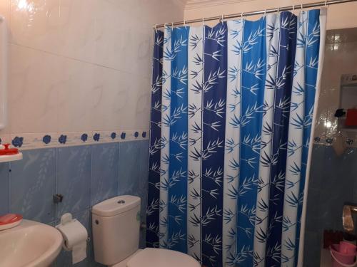 a bathroom with a toilet and a blue shower curtain at Riad Sidi Rahal Beach in Sidi Rahal