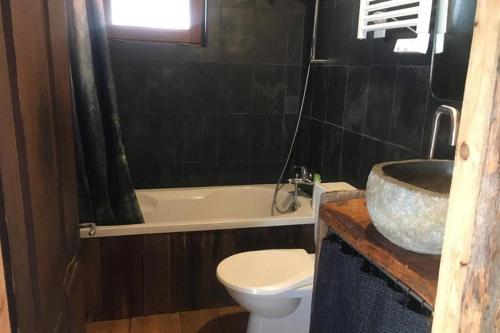 uma casa de banho com um lavatório, uma banheira e um WC. em La cabane de l'homme tranquille em Le Trétien
