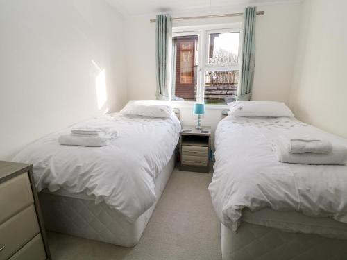 two twin beds in a room with a window at Lodge 9 in Tavistock