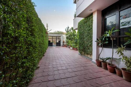 a brick walkway in front of a building with plants at Hotel The Omaira in Jaipur