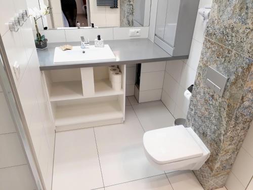 a white bathroom with a sink and a toilet at Wroclaw Inn Apartments in Wrocław