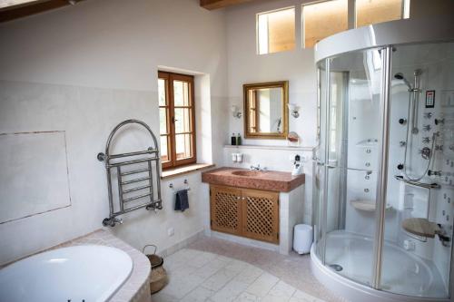 La salle de bains est pourvue d'une douche, d'un lavabo et de toilettes. dans l'établissement Cuka Designhome Aschau, à Aschau im Chiemgau