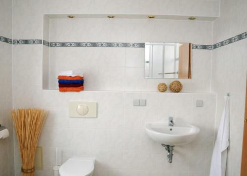 ein Badezimmer mit einem Waschbecken, einem WC und einem Spiegel in der Unterkunft Ferienwohnung Charlott im Riesengebirge in Dolní Lánov