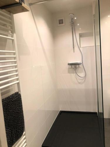 a shower with a glass door in a bathroom at Sous aan Zee in Noordwijk