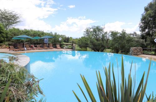 ein großer blauer Pool mit Stühlen und Sonnenschirmen in der Unterkunft Francolin Cottage at Great Rift Valley Lodge & Golf Resort Naivasha in Naivasha