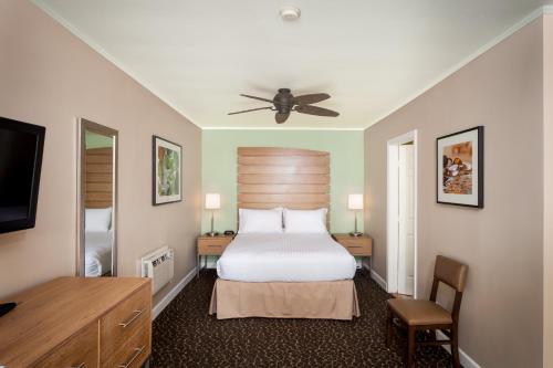 Holiday Inn Express and Suites La Jolla - Windansea Beach, and IHG Hotel في سان دييغو: غرفة نوم بسرير ومروحة سقف