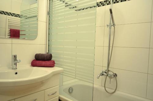 baño blanco con ducha y lavamanos en govienna - Messe Wien Apartment, en Viena