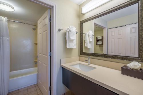 uma casa de banho com um lavatório, um espelho e uma banheira em Staybridge Suites Wilmington - Brandywine Valley, an IHG Hotel em Glen Mills