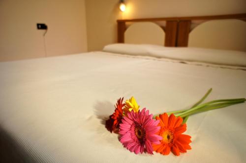 a bouquet of flowers sitting on top of a bed at Bed and Breakfast L'Annunziata in Sulmona