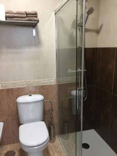 une salle de bains avec toilettes et douche en verre dans l'établissement La terraza de San Pedro, à Cadix