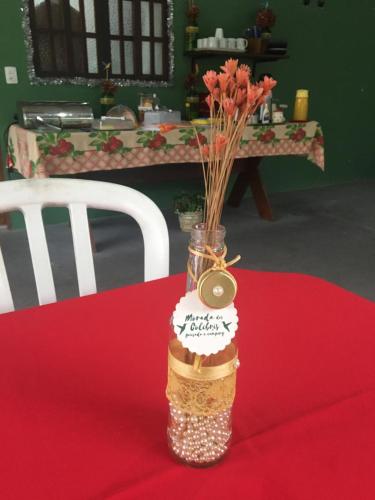 a vase with flowers in it on a red table at Morada dos Colibris in Boicucanga