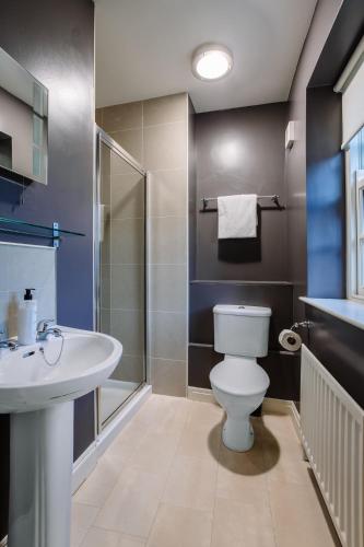 a bathroom with a toilet and a sink and a shower at Ralph's in Moira