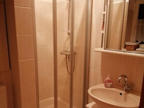 a bathroom with a shower and a sink at Ferienhaus Hooksiel in Hooksiel