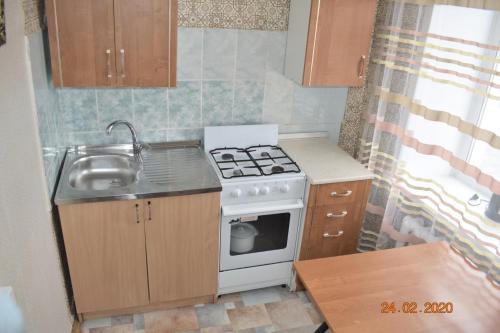 a small kitchen with a stove and a sink at 1 комнатные апартаменты на Абая 134 in Kokshetau