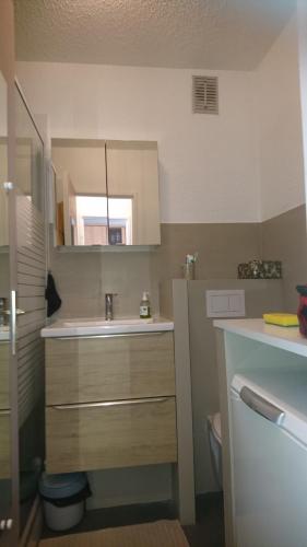 une salle de bain avec un lavabo et un miroir dans l'établissement Beau studio vue Mer Cannes, à Cannes