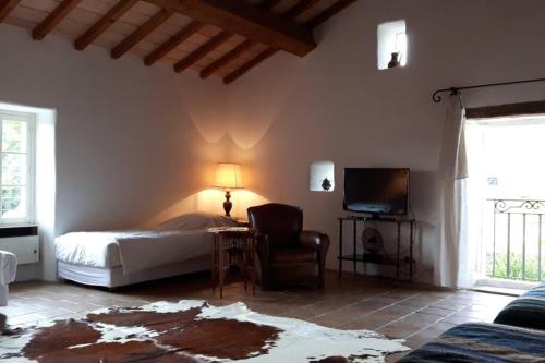 une chambre avec un lit, une chaise et une télévision dans l'établissement MAS de la CHICANE, à Blauzac