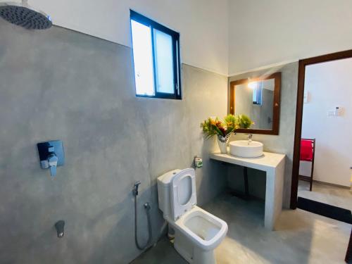 a bathroom with a toilet and a sink at Villa 45 - Balapitiya in Balapitiya