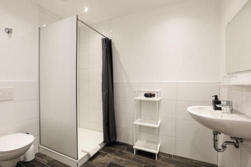 a bathroom with a shower and a toilet and a sink at Gasthof / Pension Götzfried in Tegernheim