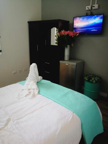 a bedroom with a white bed with a flat screen tv at NATIVUS Art-Hostel in San José