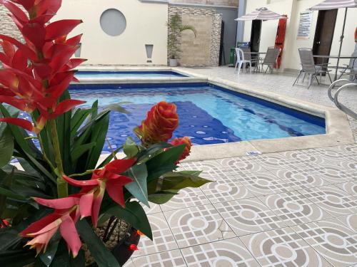 a swimming pool with flowers in front of a house at Hotel Puerta de Oro in Barranquilla