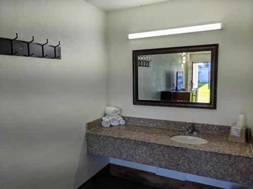 W łazience znajduje się umywalka i lustro. w obiekcie Garden Inn & Suites w mieście Pensacola