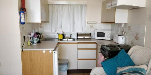 a small kitchen with a stove and a microwave at Springside Chalet20 in Tywyn