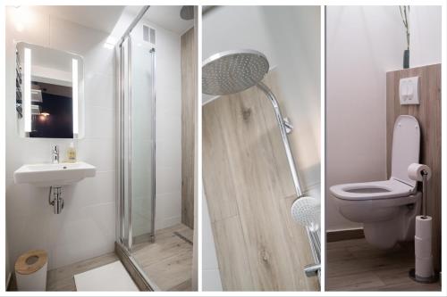 deux photos d'une salle de bain avec toilettes et douche dans l'établissement Papa Riviera - Nice old town - 1-3 pers, à Nice