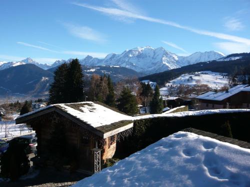 a house covered in snow with mountains in the background at Aux Ducs de Savoie in Combloux
