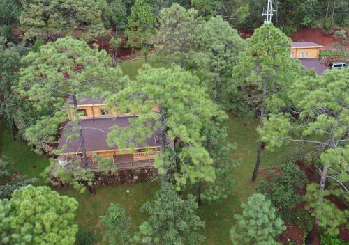 an overhead view of a house surrounded by trees at Cabañas Santa Barbara in Mazamitla