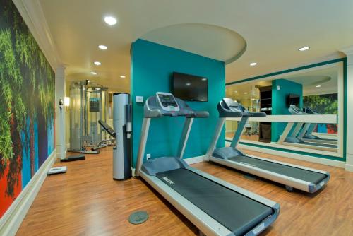 a gym with cardio equipment and a blue wall at Hotel Indigo Atlanta Airport College Park by IHG in Atlanta