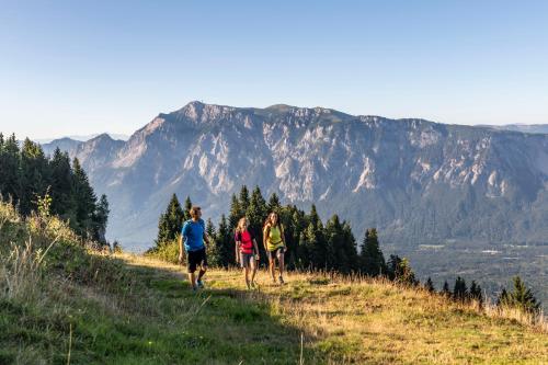three people walking on a hill with mountains in the background at Gartenlodge Auszeit in Nötsch