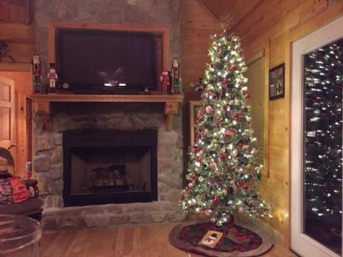 a christmas tree in a living room with a fireplace at Majestic Springs Lodge Cabin in McCookville