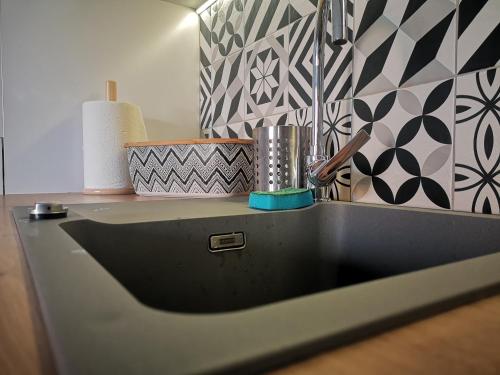 a kitchen counter with a sink and a wall at Zielona Krynica Apartament in Krynica Morska