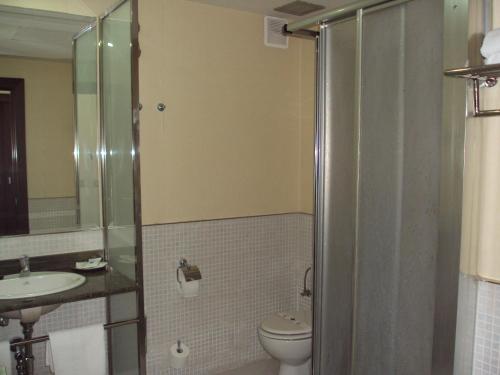 a bathroom with a toilet, sink, and shower at Hotel Emperatriz in Ocaña