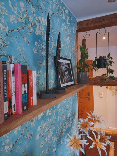 a shelf with books and a bunch of books at 36 Phô Cô Hotel & Suites in Weimar