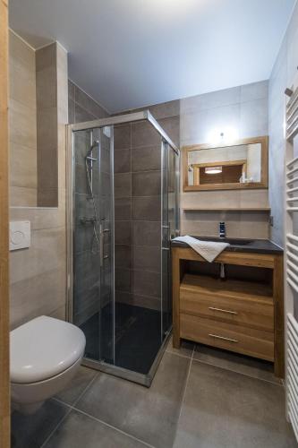 une salle de bain avec une douche, des toilettes et un lavabo dans l'établissement ODYSSEE DRJ04 - Appartement avec grande terrasse sur les pistes, à La Toussuire