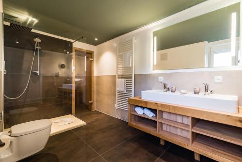 La salle de bains est pourvue d'un lavabo, de toilettes et d'une douche. dans l'établissement Hotel & Gasthof Richard Held, à Ratisbonne
