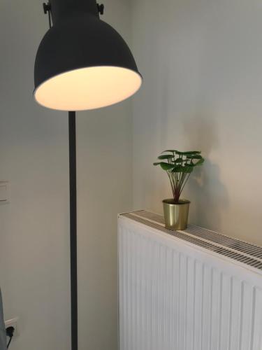 a lamp sitting on top of a radiator with a plant at Irini Apartments in Kavala