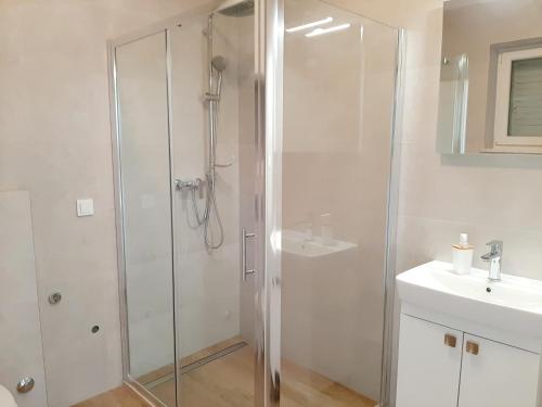 y baño con ducha y lavamanos. en Apartment Grace Cavtat - SEA VIEW, en Cavtat