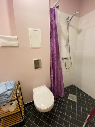 a bathroom with a toilet and a purple shower curtain at Kastanimaja Apartments in Tartu