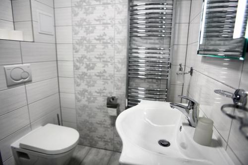 a white bathroom with a toilet and a sink at Hotel Kotva in Hřensko